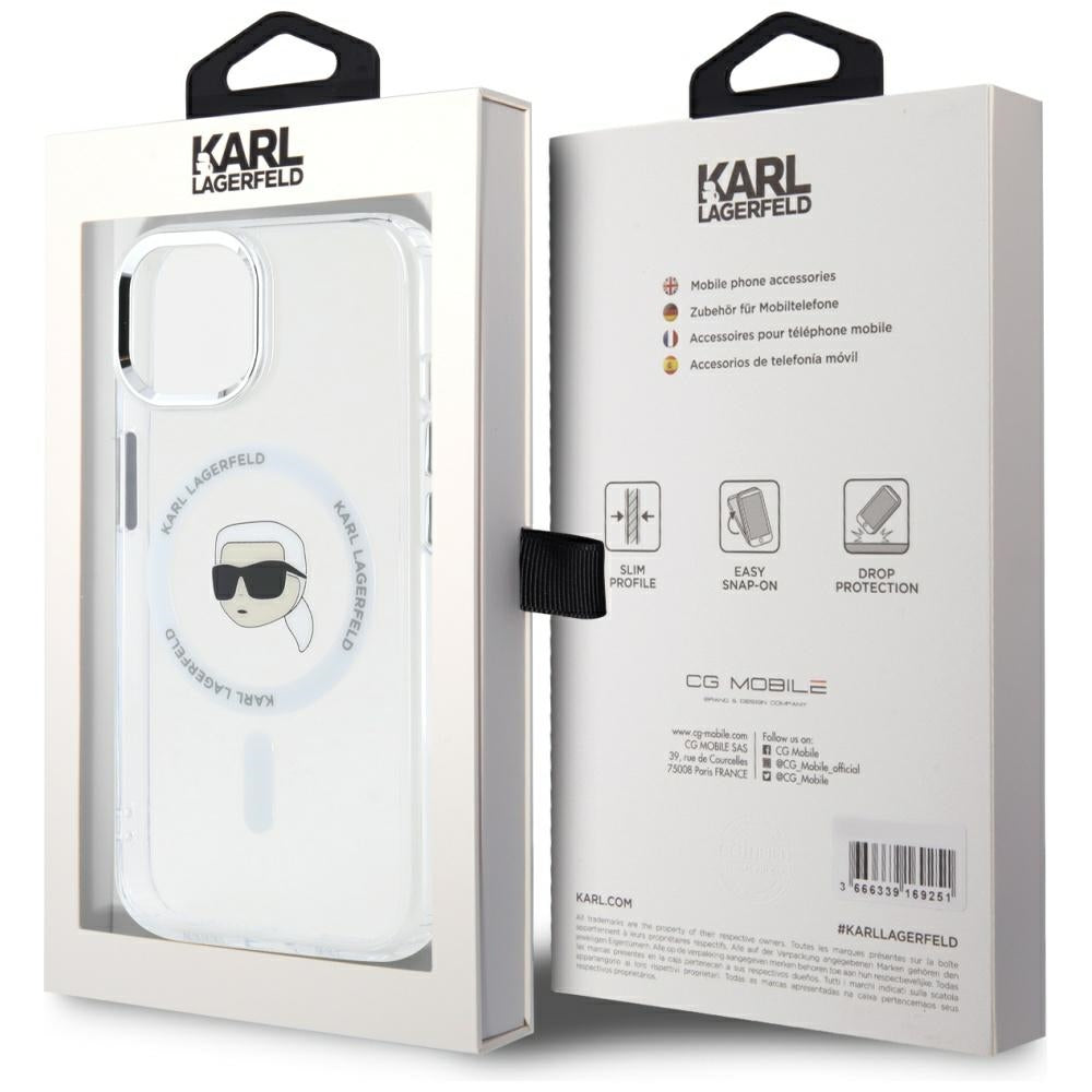 Husa MagSafe pentru Apple iPhone 15, Karl Lagerfeld, IML Metal Karl's Head, Alba