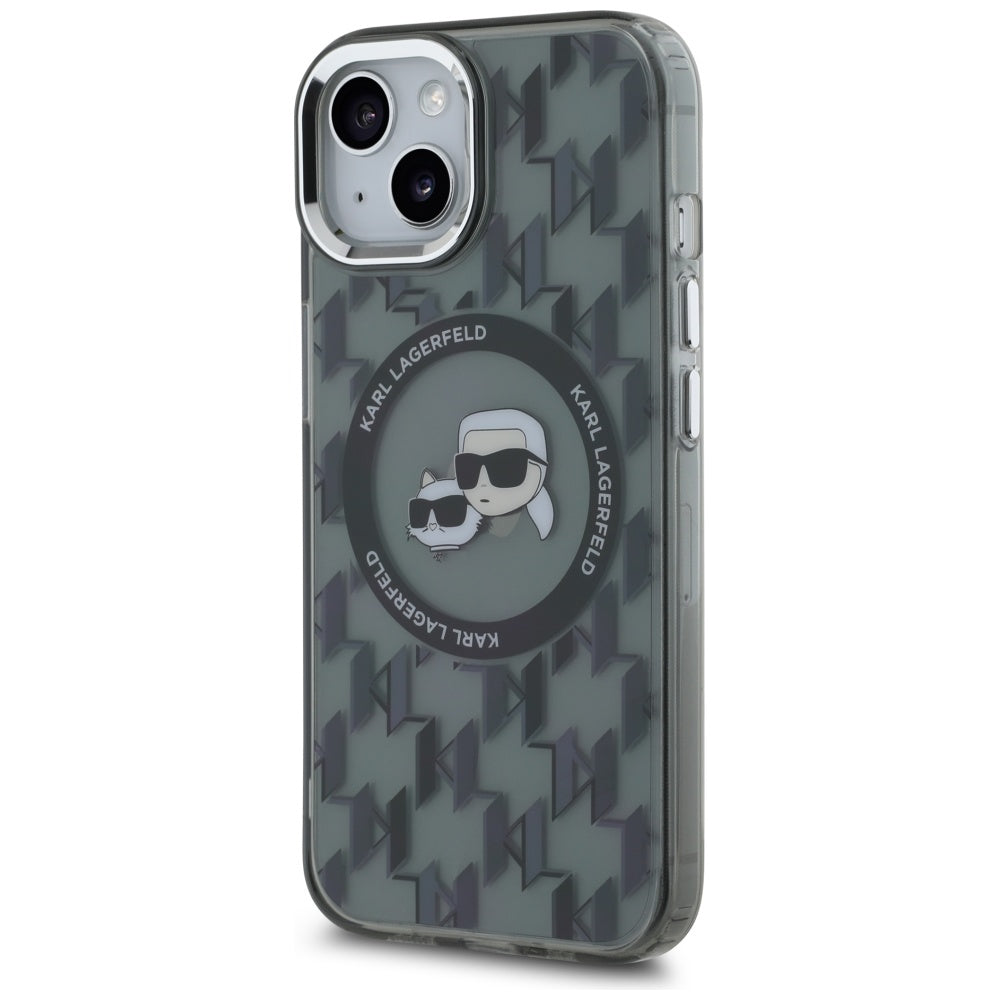 Husa MagSafe pentru Apple iPhone 15, Karl Lagerfeld, IML Monogram Karl & Choupette's Heads, Neagra