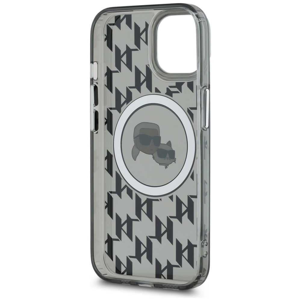 Husa MagSafe pentru Apple iPhone 15, Karl Lagerfeld, IML Monogram Karl & Choupette's Heads, Neagra