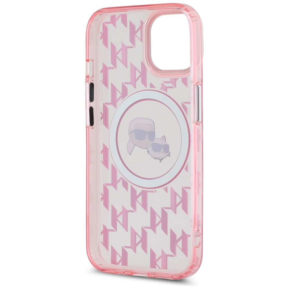 Husa MagSafe pentru Apple iPhone 15, Karl Lagerfeld, IML Monogram Karl & Choupette's Heads, Roz