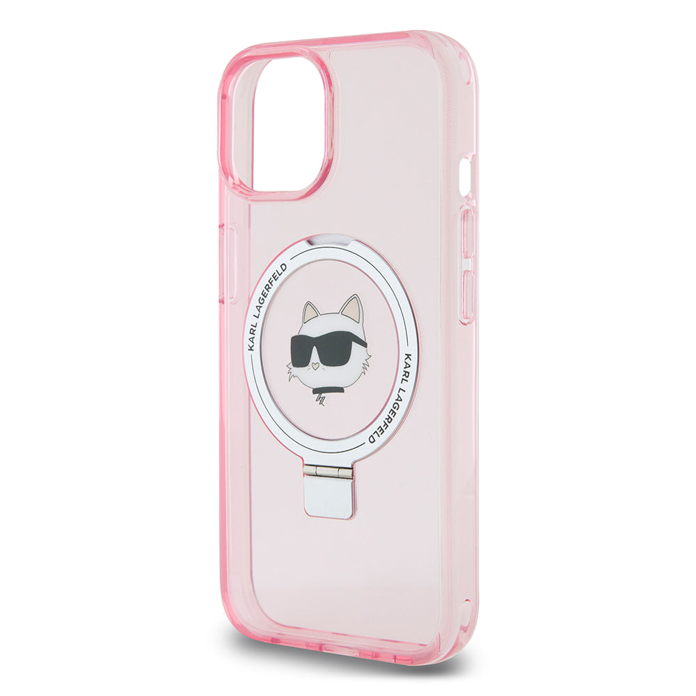 Husa MagSafe pentru Apple iPhone 15, Karl Lagerfeld, Ring Stand Choupette's Head, Roz