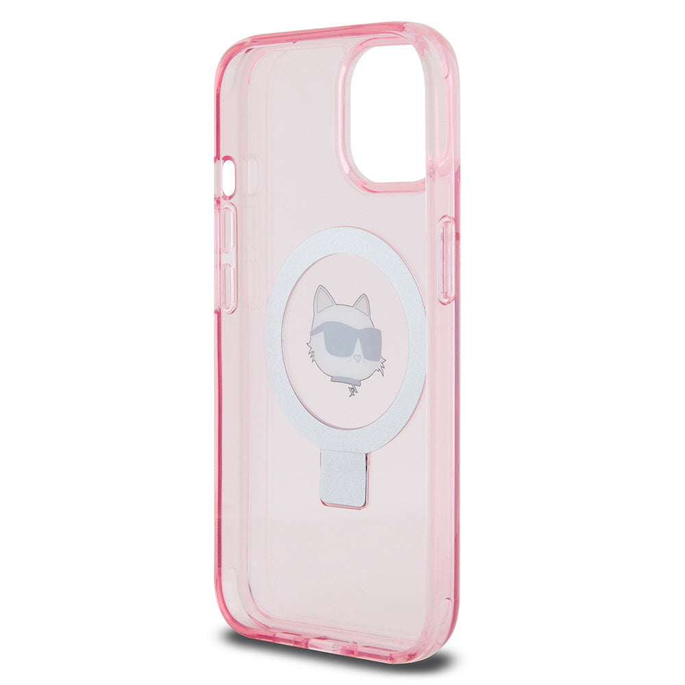 Husa MagSafe pentru Apple iPhone 15, Karl Lagerfeld, Ring Stand Choupette's Head, Roz