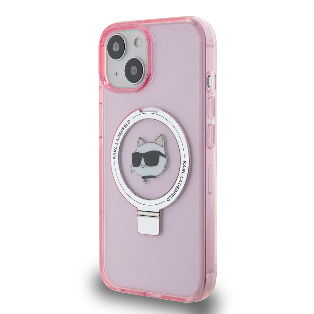 Husa MagSafe pentru Apple iPhone 15, Karl Lagerfeld, Ring Stand Choupette's Head, Roz