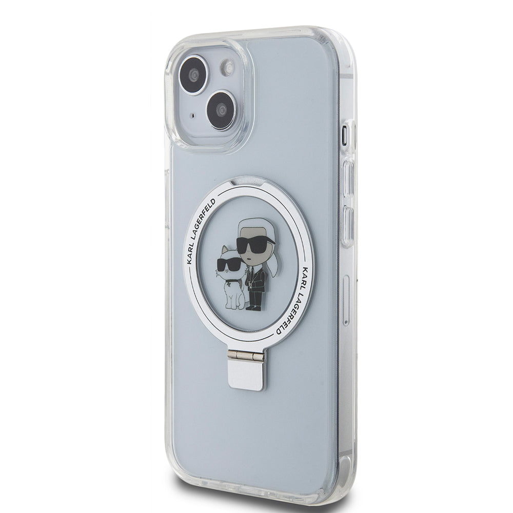 Husa MagSafe pentru Apple iPhone 15, Karl Lagerfeld, Ring Stand Karl & Choupette, Alba