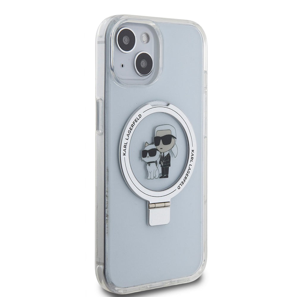 Husa MagSafe pentru Apple iPhone 15, Karl Lagerfeld, Ring Stand Karl & Choupette, Alba