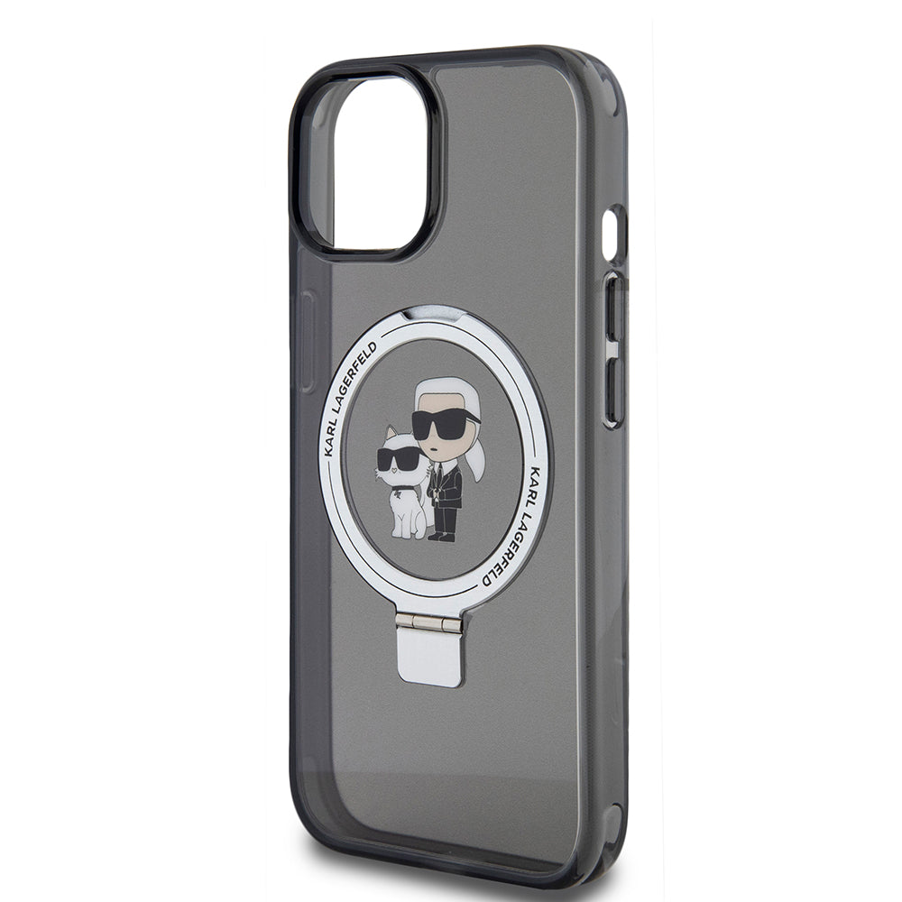 Husa MagSafe pentru Apple iPhone 15, Karl Lagerfeld, Ring Stand Karl & Choupette, Neagra