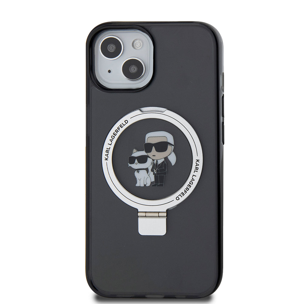 Husa MagSafe pentru Apple iPhone 15, Karl Lagerfeld, Ring Stand Karl & Choupette, Neagra