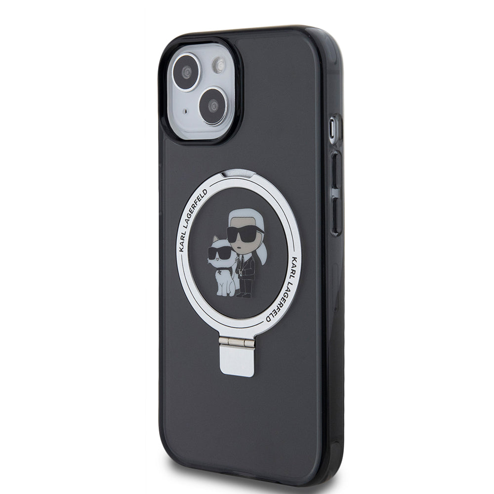 Husa MagSafe pentru Apple iPhone 15, Karl Lagerfeld, Ring Stand Karl & Choupette, Neagra