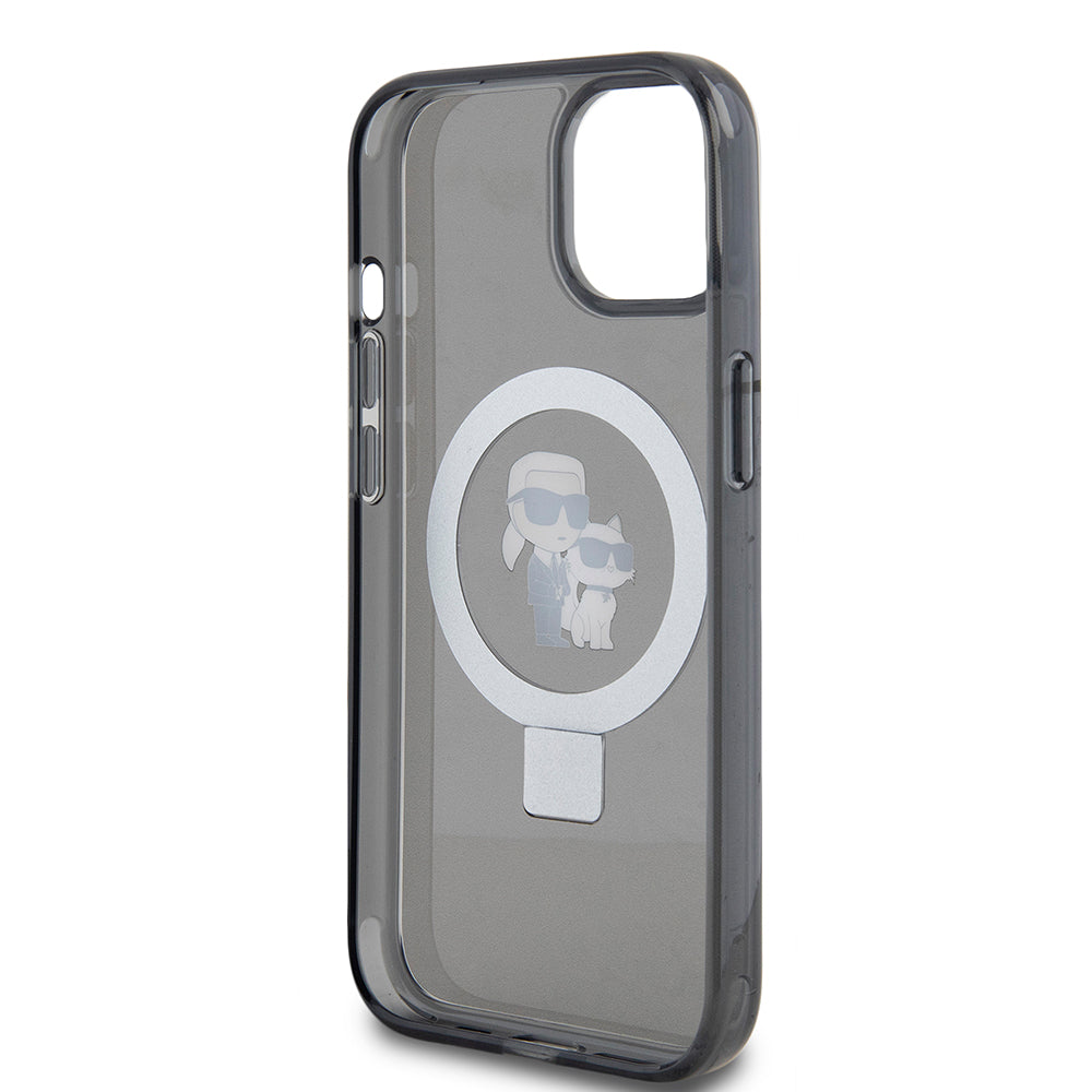 Husa MagSafe pentru Apple iPhone 15, Karl Lagerfeld, Ring Stand Karl & Choupette, Neagra