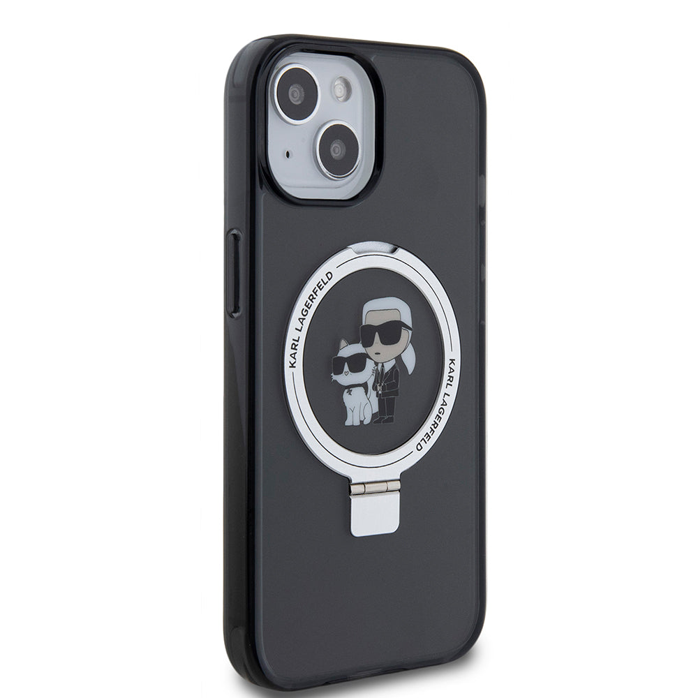 Husa MagSafe pentru Apple iPhone 15, Karl Lagerfeld, Ring Stand Karl & Choupette, Neagra