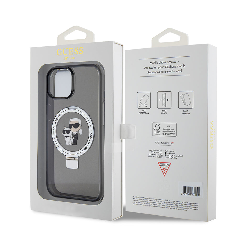 Husa MagSafe pentru Apple iPhone 15, Karl Lagerfeld, Ring Stand Karl & Choupette, Neagra