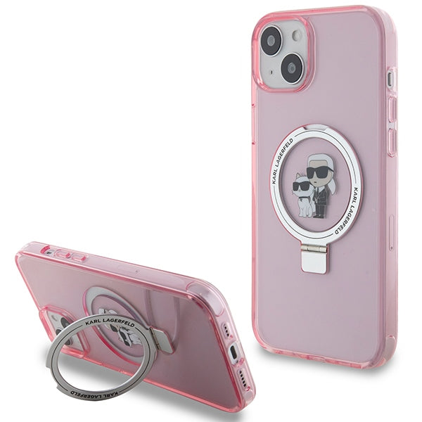 Husa MagSafe pentru Apple iPhone 15, Karl Lagerfeld, Ring Stand Karl & Choupette, Roz