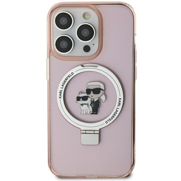 Husa MagSafe pentru Apple iPhone 15, Karl Lagerfeld, Ring Stand Karl & Choupette, Roz