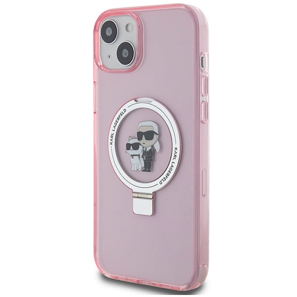 Husa MagSafe pentru Apple iPhone 15, Karl Lagerfeld, Ring Stand Karl & Choupette, Roz