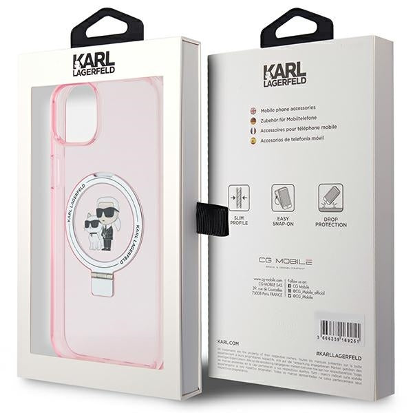 Husa MagSafe pentru Apple iPhone 15, Karl Lagerfeld, Ring Stand Karl & Choupette, Roz