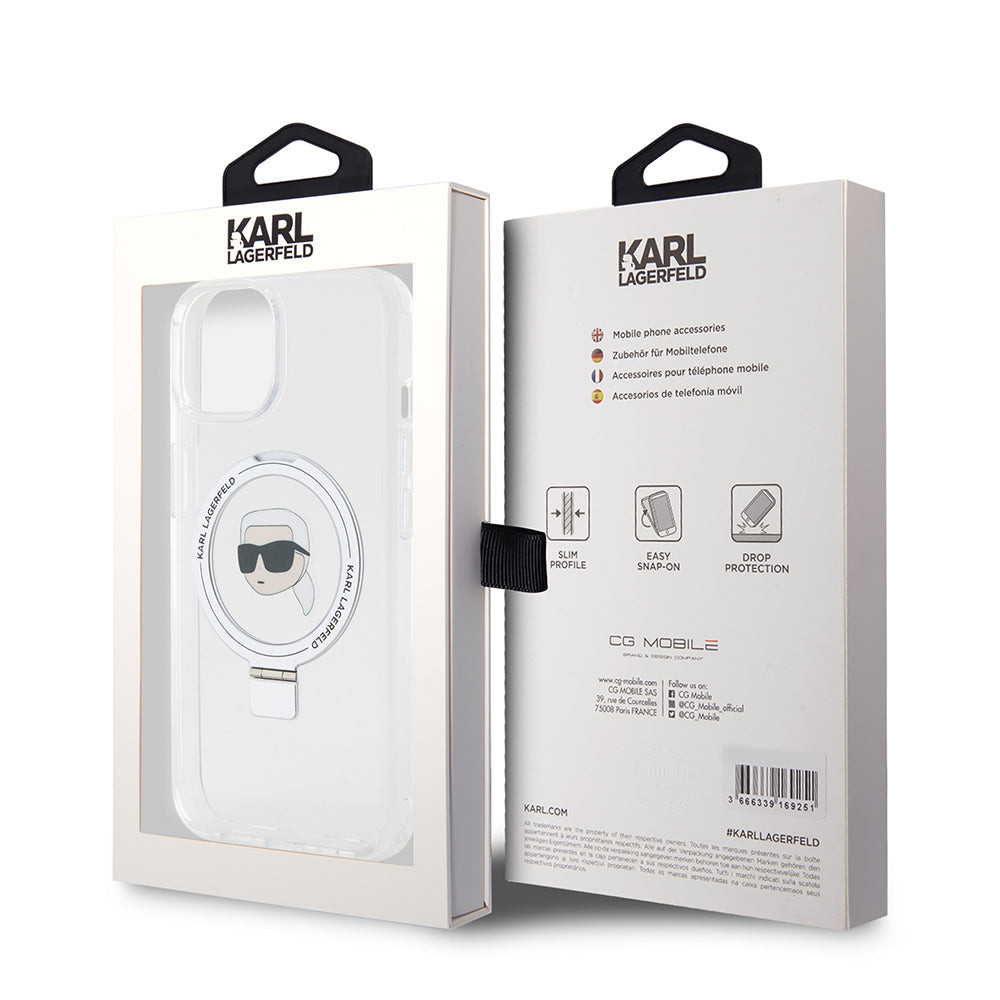 Husa MagSafe pentru Apple iPhone 15, Karl Lagerfeld, Ring Stand Karl's Head, Alba