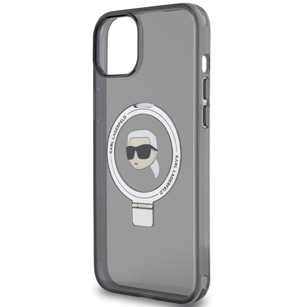 Husa MagSafe pentru Apple iPhone 15, Karl Lagerfeld, Ring Stand Karl's Head, Neagra