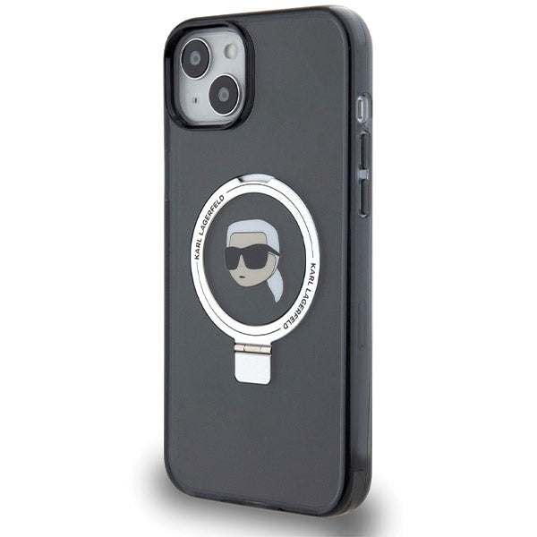 Husa MagSafe pentru Apple iPhone 15, Karl Lagerfeld, Ring Stand Karl's Head, Neagra