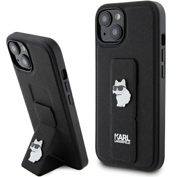 Husa MagSafe pentru Apple iPhone 15, Karl Lagerfeld, Saffiano Gripstand Choupette, Neagra