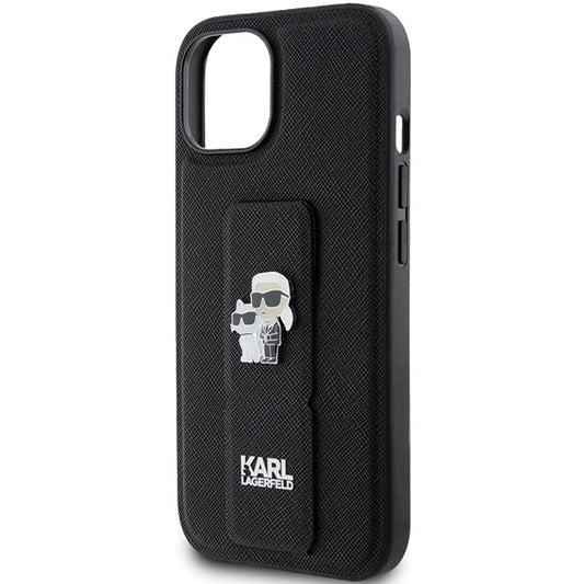 Husa MagSafe pentru Apple iPhone 15, Karl Lagerfeld, Saffiano Gripstand Karl & Choupette, Neagra