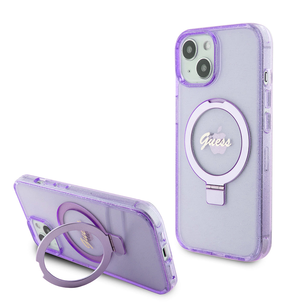 Husa MagSafe pentru Apple iPhone 15 Plus, Guess, Ring Stand Script Glitter, Mov
