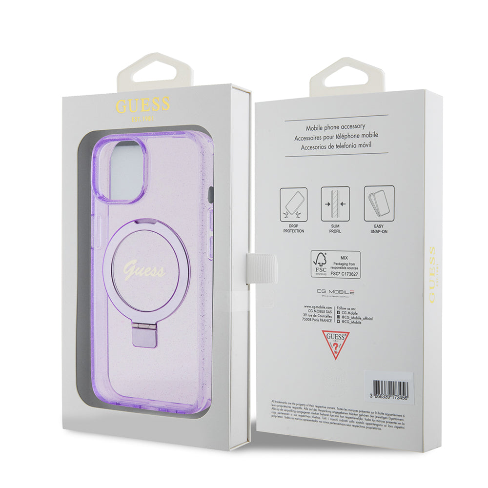 Husa MagSafe pentru Apple iPhone 15 Plus, Guess, Ring Stand Script Glitter, Mov