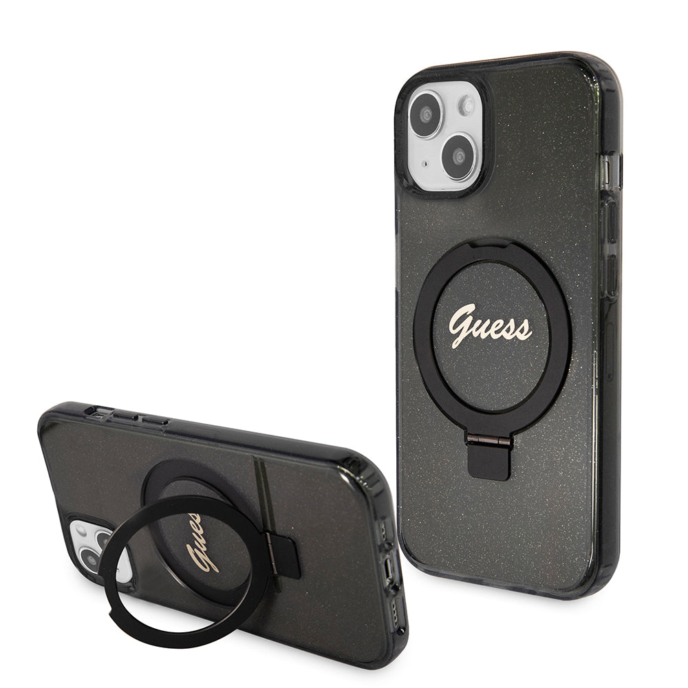 Husa MagSafe pentru Apple iPhone 15 Plus, Guess, Ring Stand Script Glitter, Neagra