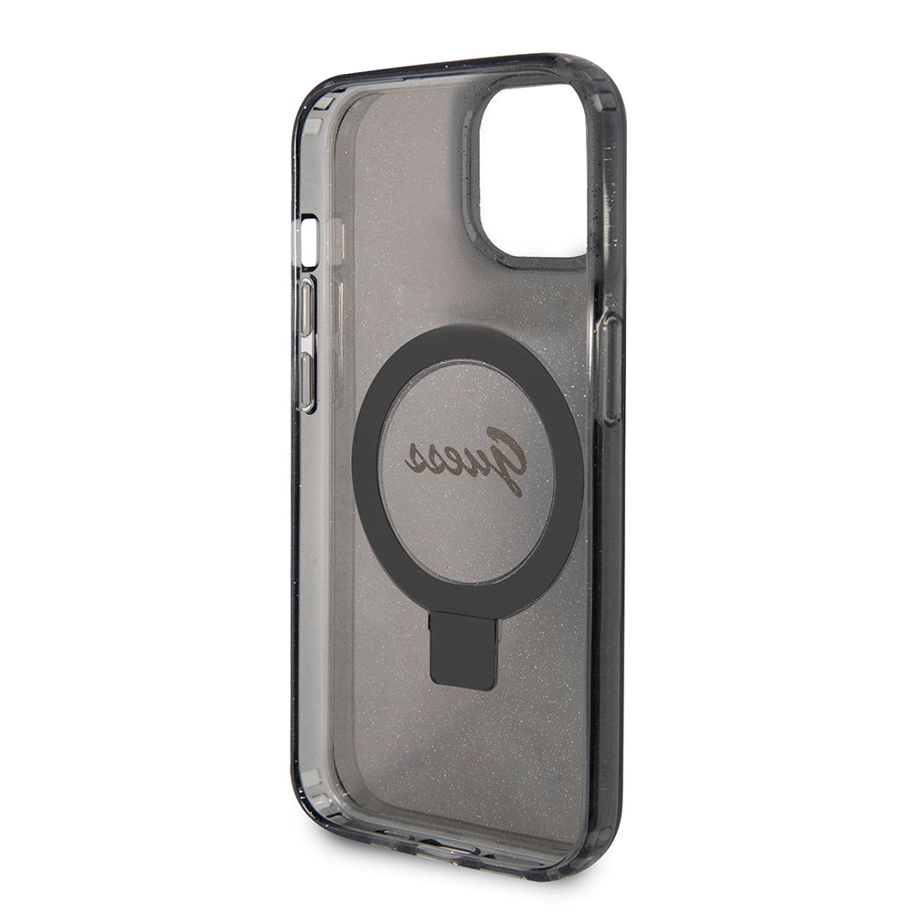 Husa MagSafe pentru Apple iPhone 15 Plus, Guess, Ring Stand Script Glitter, Neagra