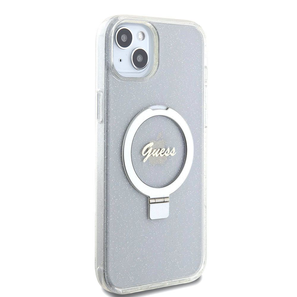 Husa MagSafe pentru Apple iPhone 15 Plus, Guess, Ring Stand Script Glitter, Transparenta