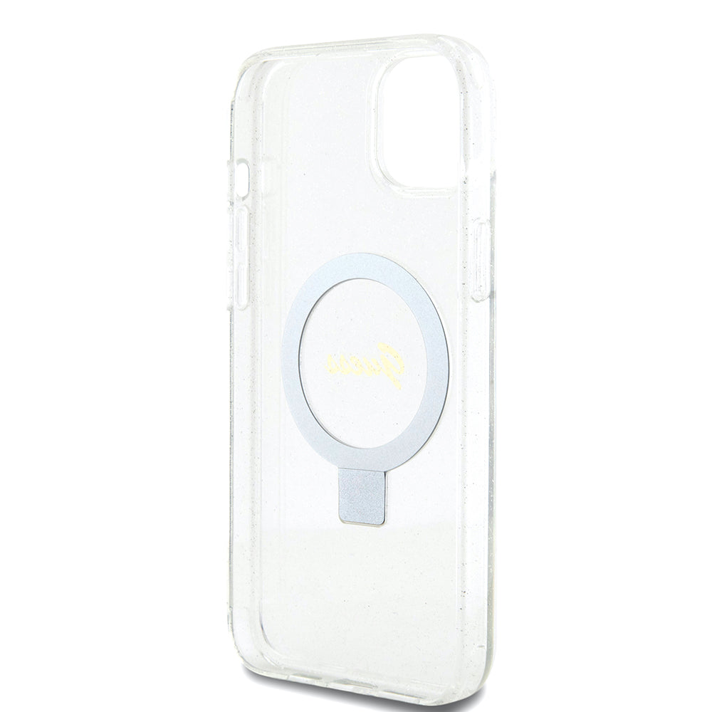 Husa MagSafe pentru Apple iPhone 15 Plus, Guess, Ring Stand Script Glitter, Transparenta