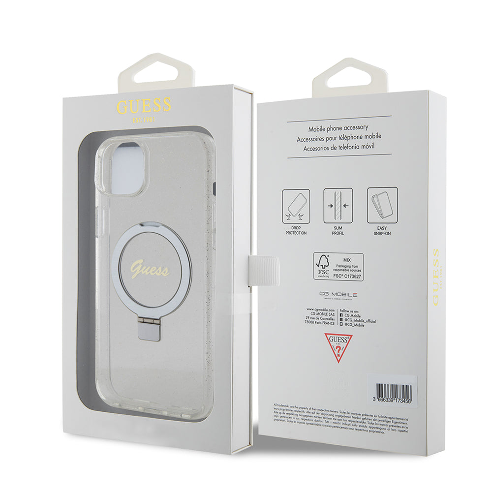 Husa MagSafe pentru Apple iPhone 15 Plus, Guess, Ring Stand Script Glitter, Transparenta