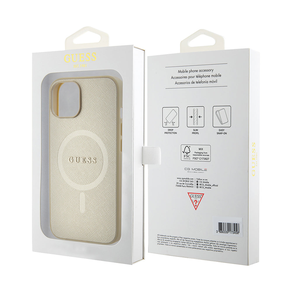 Husa MagSafe pentru Apple iPhone 15 Plus, Guess, Saffiano, Aurie