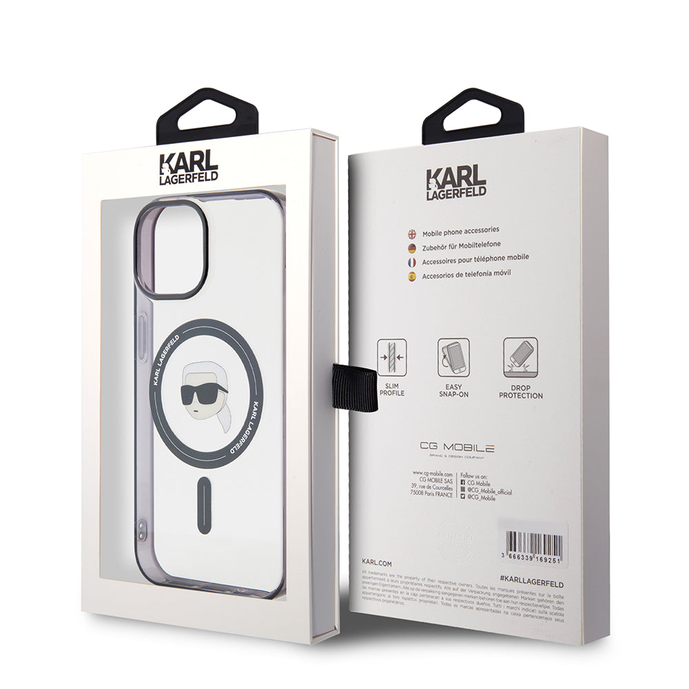 Husa MagSafe pentru Apple iPhone 15 Plus, Karl Lagerfeld, IML Karl's Head, Transparenta