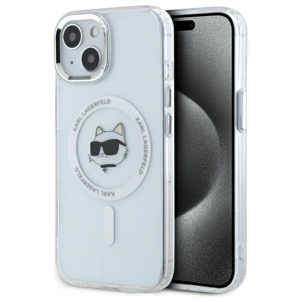 Husa MagSafe pentru Apple iPhone 15 Plus, Karl Lagerfeld, IML Metal Choupette's Head, Alba