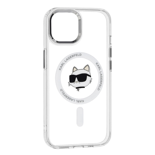 Husa MagSafe pentru Apple iPhone 15 Plus, Karl Lagerfeld, IML Metal Choupette's Head, Alba