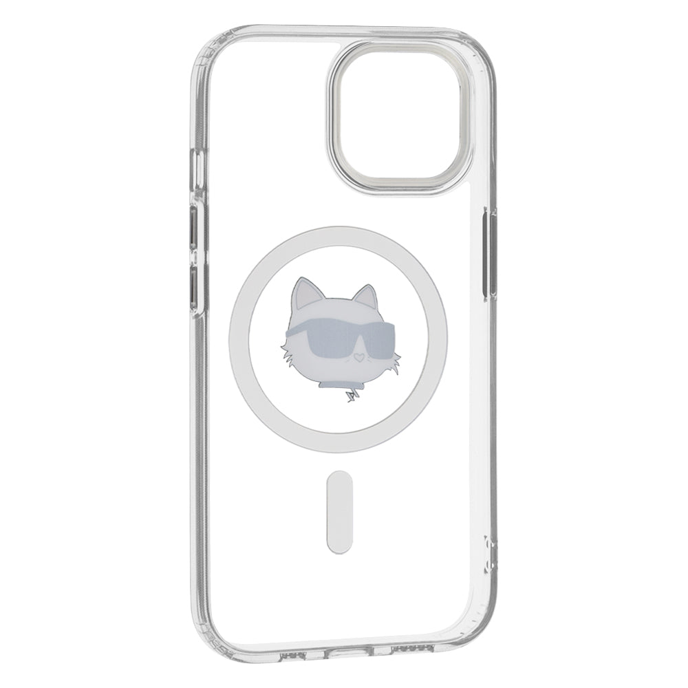 Husa MagSafe pentru Apple iPhone 15 Plus, Karl Lagerfeld, IML Metal Choupette's Head, Alba