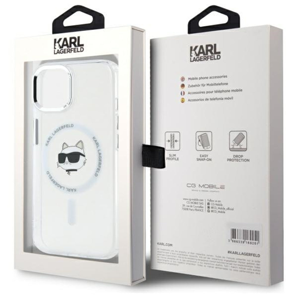 Husa MagSafe pentru Apple iPhone 15 Plus, Karl Lagerfeld, IML Metal Choupette's Head, Alba
