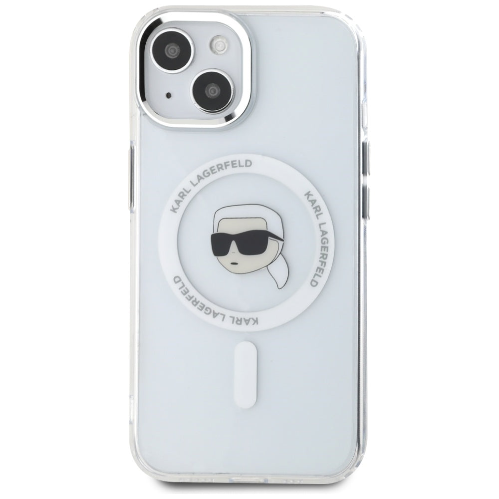 Husa MagSafe pentru Apple iPhone 15 Plus, Karl Lagerfeld, IML Metal Karl's Head, Alba