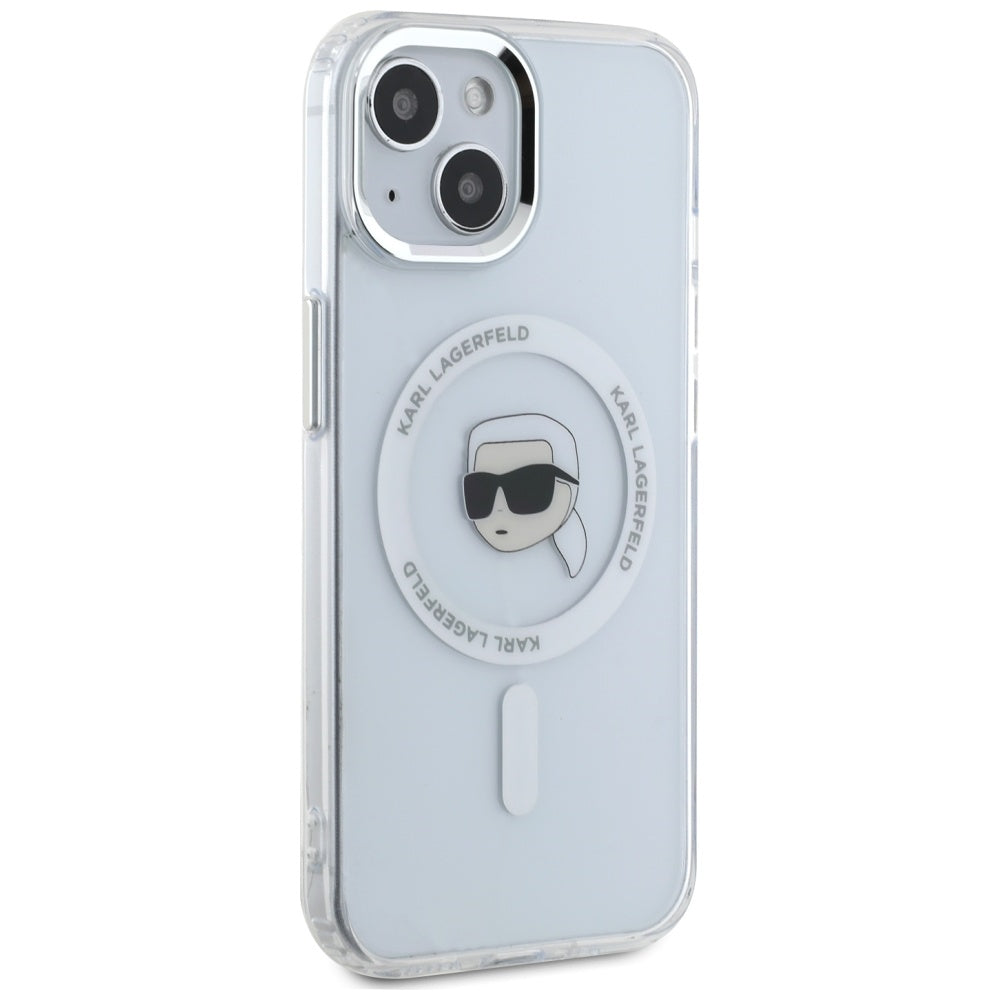 Husa MagSafe pentru Apple iPhone 15 Plus, Karl Lagerfeld, IML Metal Karl's Head, Alba