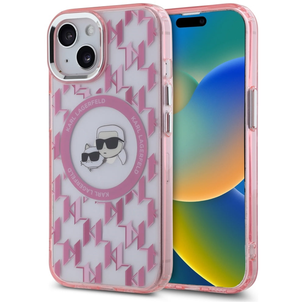 Husa MagSafe pentru Apple iPhone 15 Plus, Karl Lagerfeld, IML Monogram Karl & Choupette's Heads, Roz