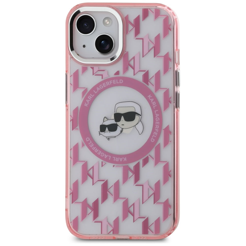 Husa MagSafe pentru Apple iPhone 15 Plus, Karl Lagerfeld, IML Monogram Karl & Choupette's Heads, Roz