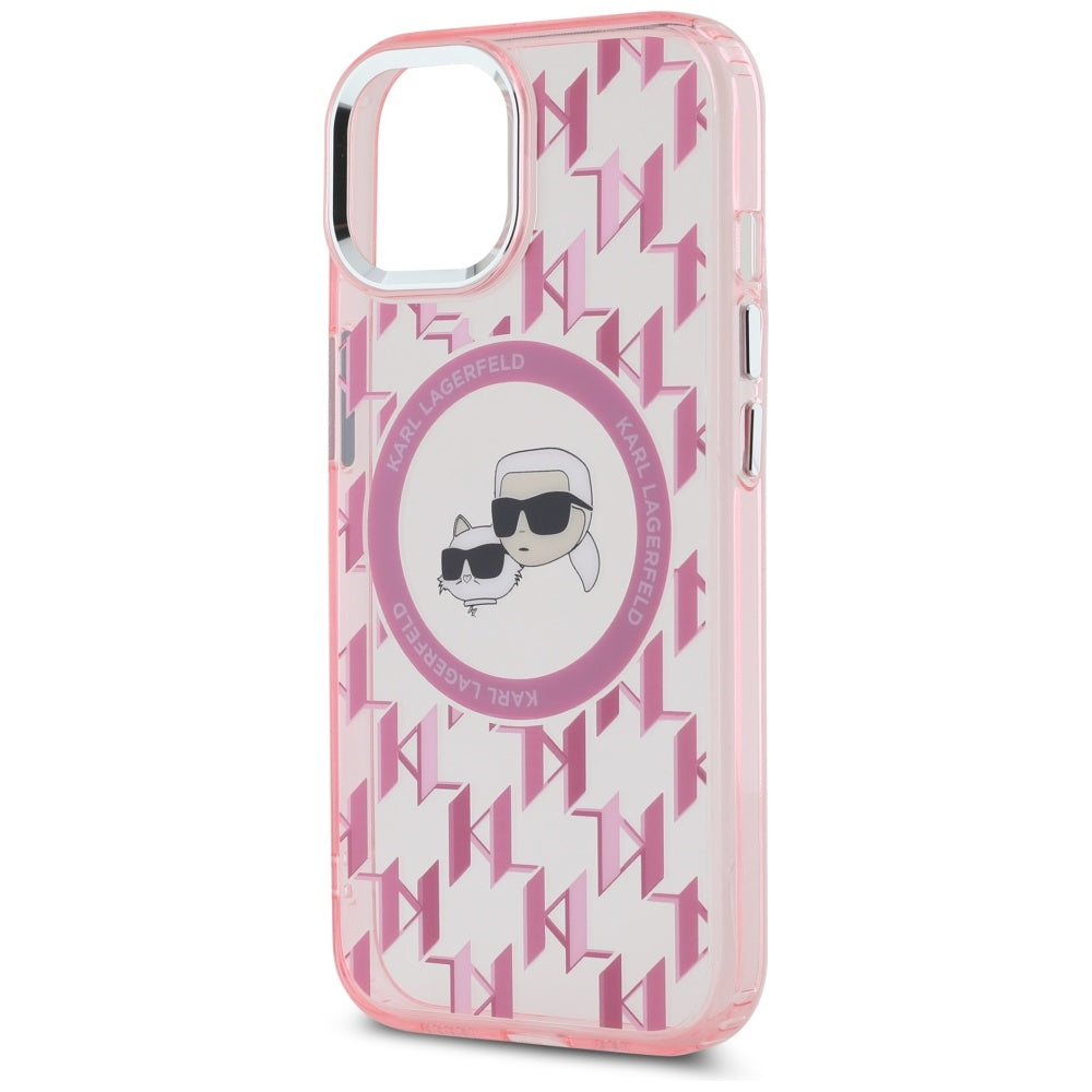 Husa MagSafe pentru Apple iPhone 15 Plus, Karl Lagerfeld, IML Monogram Karl & Choupette's Heads, Roz