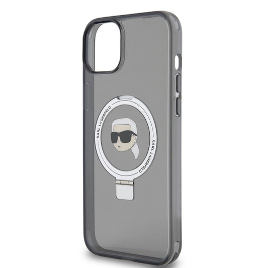 Husa MagSafe pentru Apple iPhone 15 Plus, Karl Lagerfeld, Ring Stand Karl's Head, Neagra