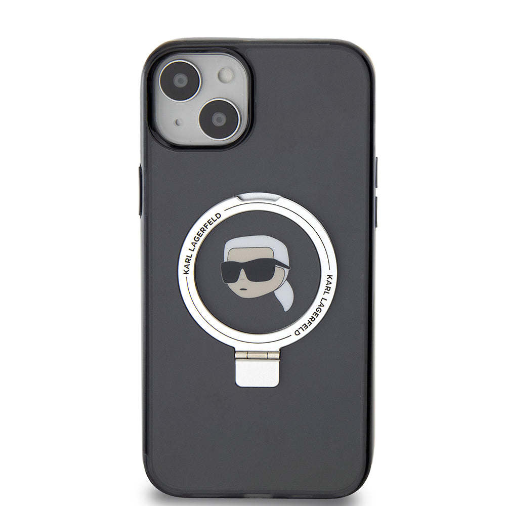 Husa MagSafe pentru Apple iPhone 15 Plus, Karl Lagerfeld, Ring Stand Karl's Head, Neagra
