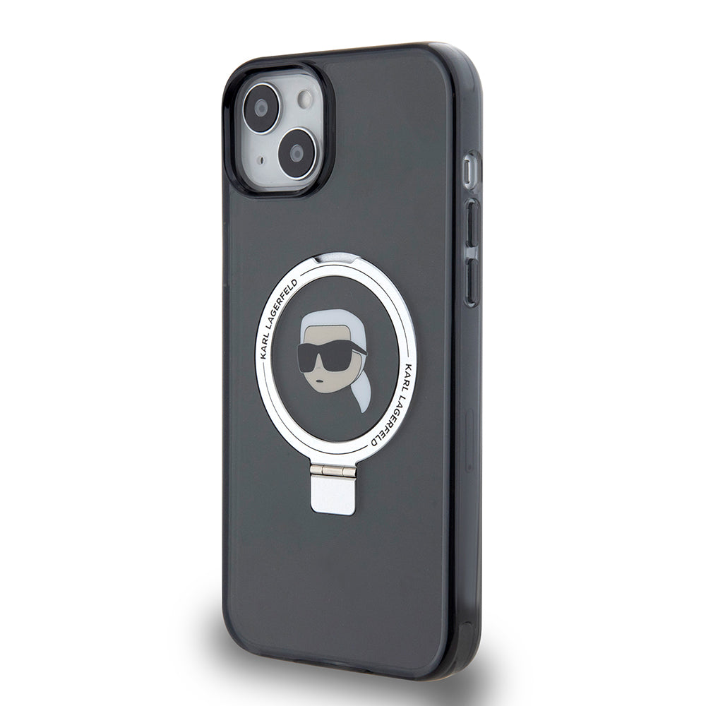 Husa MagSafe pentru Apple iPhone 15 Plus, Karl Lagerfeld, Ring Stand Karl's Head, Neagra