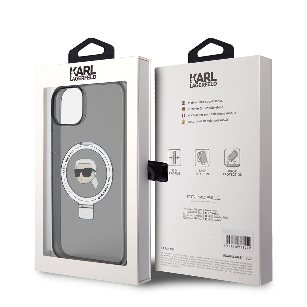 Husa MagSafe pentru Apple iPhone 15 Plus, Karl Lagerfeld, Ring Stand Karl's Head, Neagra