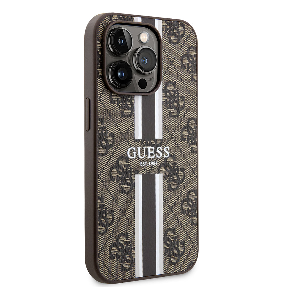 Husa MagSafe pentru Apple iPhone 15 Pro, Guess, 4G Printed Stripes, Maro