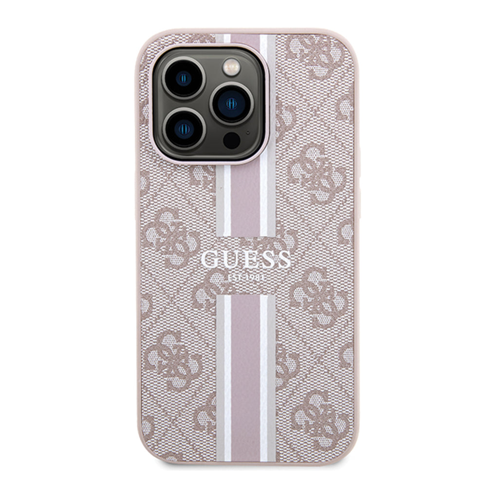Husa MagSafe pentru Apple iPhone 15 Pro, Guess, 4G Printed Stripes, Roz