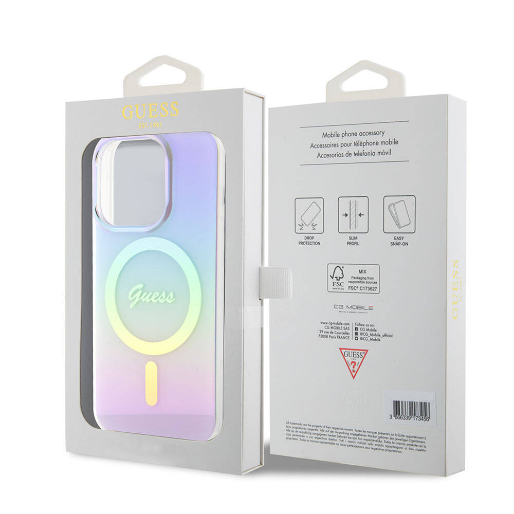Husa MagSafe pentru Apple iPhone 15 Pro, Guess, IML Iridescent, Mov