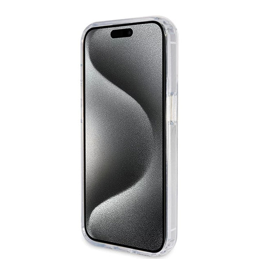 Husa MagSafe pentru Apple iPhone 15 Pro, Guess, IML Ring Stand Glitter, Transparenta